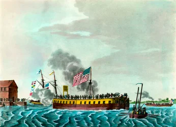 O Fulton Steam Fregate "Manobras no Porto de Nova Iorque, nos Estados Unidos" Gravando cerca de 1807 Coleção Privada