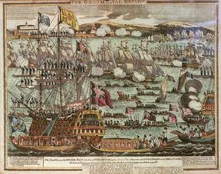 A Grande Revista Naval. Esta Grande Revista da Marinha Britânica teve lugar em Portsmouth, em 24 e 25 de junho de 1814, na presença do Príncipe Regente e dos seus Visitantes Reais, c. 1814 (gravura a cores)