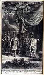 Os gregos, espantados com a sua derrota, enviaram Ulisses, Ajax e Phénix para Aquiles para rezar para que ele voltasse ao acampamento. Este príncipe rejeita orgulhosamente as suas orações e depois manda-os de volta com força. Ilustração do livro IX da Ilía