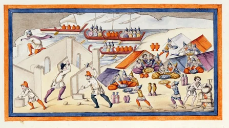 Os gregos começaram a cavar um baluarte para proteger as suas casernas e navios. A Ilíada. A Canção VII. Gravura do final do século XVIII.