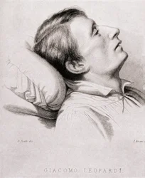 O poeta italiano Giacomo Leopardi (1798-1837) em seu leito de morte. Gravura do século XIX