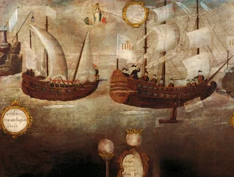 Os jesuítas chegam de navio à costa de Nova Granada