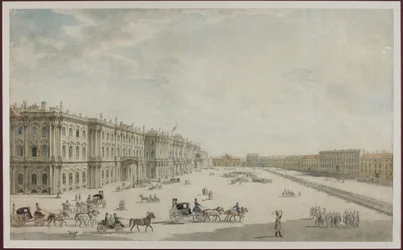 A Praça do Palácio em São Petersburgo - Anónimo. Aquarela sobre papel