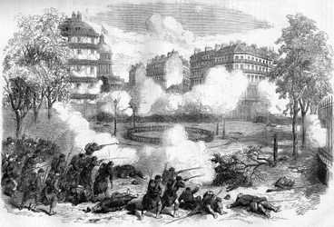 A Comuna de Paris, em 1871. Ataque das barricadas dos federais (comunas) em frente ao Panteão pelo corpo militar do General de Cissey em 24 de Maio de 1871, no início da semana sangrenta (22 - 28 de Maio de 1871).