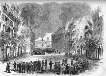 A Comuna de Paris, em 1871. Fogo aceso pelos federais (comunas) na Rue Royale durante a semana sangrenta (22 a 28 de maio de 1871