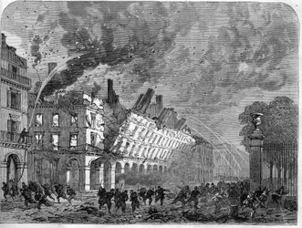 A Comuna de Paris, em 1871. Incêndio do Ministério das Finanças provocado pelos federais (comunas) durante a semana sangrenta (22-28 de maio de 1871