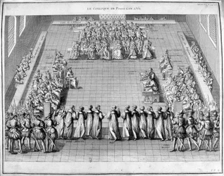 O Colloquium Poissi (Envenenado) em 1561. No centro o Rei da França Carlos IX (1550-1574) e a Rainha Madre Catarina de Medicis (Caterina de Medici) (1519-1589).