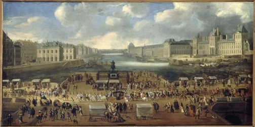 A Pont-Neuf, vista da entrada da Place Dauphine, o Quai Malaquais com o Collège des Quatre-Nations, a Grande Galerie e o Louvre, cerca de 1669. Uma procissão passa sobre a ponte. Os actuais 1º e 6º arrondissements, entre 1665 e 1669