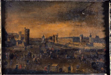 O Pont-Neuf, visto da entrada da Place Dauphine, o Hôtel de Nevers, a Tour de Nesle, a Grande Galerie, com a Porte Neuve, e o Louvre, cerca de 1640, actuais 1º e 6º arrondissements, entre 1635 e 1645 (óleo sobre tela)