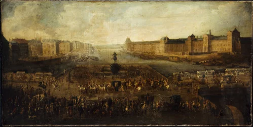 O Pont-Neuf, visto da entrada da Place Dauphine, o Quai Malaquais com o Collège des Quatres-Nations, a Grande Galerie e o Louvre, cerca de 1665