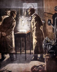 O Roentgen (Rontgen) ou Raios X. Descoberto em 1895. Ilustração representando a experiência.