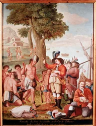O conquistador espanhol Juan de Grijalva (1489-1527) debarque em Tabasco, México, em 1518 Pintura anônima do século XVIII. Madrid, Museo de América