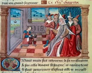 O navegador veneziano Marco Polo (1254-1324) em frente ao grande Qubilai (Kubilai Khan, primeiro imperador da dinastia Yuan mongol (1215-1294). Miniatura tirada de "O Livro das Maravilhas" ("Devisement du monde", "Il Milione") por Marco Polo (1254