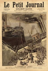 O navio de guerra Victoria afunda ao largo da costa síria, impulsionado pelo navio Camperdown. Gravação no "Le petit journal" 8/07/1893. A colecção da Selva.