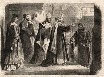 O arcebispo Santo Ambrósio de Milão (Aurelius Ambrosius, Ambrogio di Milano (340-397) proibiu a entrada da igreja ao imperador romano Teodósio I (Flavius Theodosius) (347-395) para puni-lo pelo massacre de Tessalônica em 390 - Excommunicati
