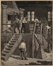 A arte do vidro: vidreiros que fabricam vidro segundo o método francês. Gravura de 1885 em "Les arts et metiers illustres" de Adolphe BITARD.