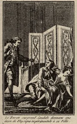 O barão surpreende Candide dando uma lição de física experimental à sua filha Frontispice para "Candide" de François Marie Arouet dit Voltaire.