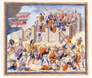 A batalha nos dois lados das muralhas construídas pelos gregos. L