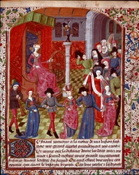 A Fortuna cega girando a roda, o povo antes dela é a alegoria do destino, da felicidade e do Malheur miniatura tirada de "O Tresor da Sapiência" (ou "O Tratamento do Jardim no Amor") por Jean Gerson (1363-1429) (ms. 1513, fol. 179 r.) 15º centurião