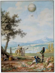 O bloqueio de Mainz: o bastião é cercado pelo exército da Primeira Coligação em 14/04/1793. Um balão sobre a cidade em estado de sítio utilizado para fins militares. Impressão do século XVIII. Paris. Museu do Ar