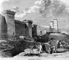 A captura de Jerusalém por Tito e seu exército por volta de 80 AD. A gravura do século XIX.