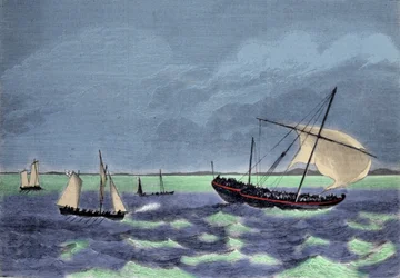 A captura de um dhow negreiro, uma embarcação árabe, ao largo da costa malgaxe.