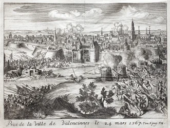 A cidade de Valenciennes (França) foi tomada em 24 de março de 1567. Primeira batalha da revolta dos Gueux (início da Guerra dos Oitenta Anos (Oitenta Anos ou 80 Anos) (Revolta dos Países Baixos) (1568-1648). Gravura para ilustrar a "História da Guerra de 