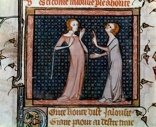 O colóquio de Jalousie e a Miniatura da Vergonha em "Roman de la rose" de Jean de Meun, Jean de Meung ou Jean Chopinel, Jean Clopinel (v.1240-1305), cerca de 1370. Paris, bibliotheque sainte Genevieve