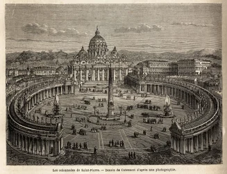 As colunatas de São Pedro no Vaticano, trazidas pelos Bernini (1598-1680) de 1655, em plano elíptico, que se tornaram um lugar comum da arquitetura barroca e rococó. Gravura para ilustrar a viagem a Roma, de Francis Wey, em 1864-1868, editis