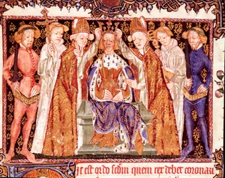 A coroação de um rei, provavelmente o rei Ricardo II de Inglaterra (1367-1400). Miniatura do manuscrito sobre os ritos de coroação «Liber regalis», século XIV. Pamplona, Arquivo de Navarra