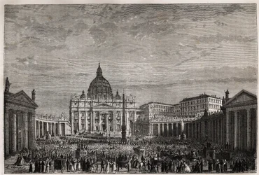 A multidão correu para a Praça de São Pedro no Vaticano para receber a grande bênção da Páscoa do Papa Pio IX (1792-1878). Gravura para ilustrar a história da Semana Santa em Roma, em 1863, por Ludovic Celler, em "Le tour du monde, nouveau journal des voy