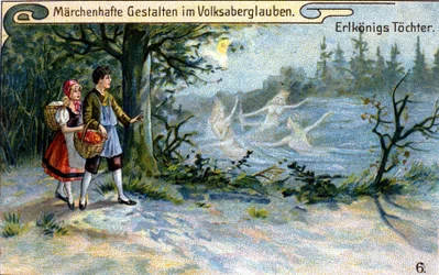 As filhas do Rei dos Elfos. Maravilhoso caráter da mitologia alemã. chromolithographof do século XIX.