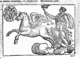 O amanhecer (a carruagem do sol). Alegoria do nascer do sol com os personagens da mitologia grega e romana no céu. Gravura de "Mythologiae sive explicationes fabularum" da Natalis Comitis. 1637.