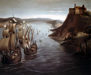 A partida de Cristóvão Colombo de Palos. A cromolitografia do século XIX.