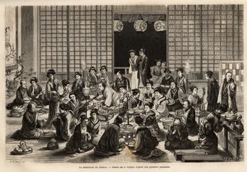 A sala de jantar do Teatro Yokohama está permanentemente cheia, mesmo durante o espectáculo. Gravura para ilustrar a viagem ao Japão, de Aime Humbert, ministro da Confederação Suíça, em 1863-1864, publicada em "le tour du monde", sob o