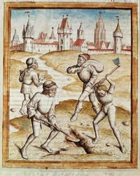 A descoberta de um tesouro nos subúrbios de uma cidade fortificada Miniatura tirada de uma tradução alemã das fábulas de "Kalila (Calila) e Dimna" de Bidpai. (ms. 1389, fol. 1) por volta de 1480 Chantilly, museu Conde
