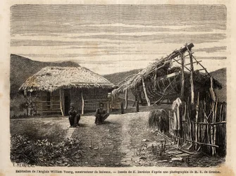 A moradia e estaleiro de um construtor inglês perto de Noumea, que usa mão-de-obra indígena ou os condena até o fim do seu tempo de trabalho árduo. Engravure pour illustrrer le voyage à la Nouvelle Caledonie, de Jules Garnier, engenheiro civil de minas, em