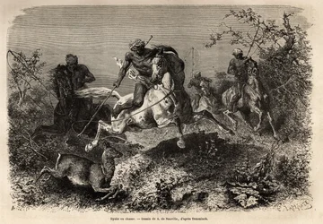 Os diques (indígenas a Bornéu) caçando, cavalgando e armas de lassos. Gravura para ilustrar a viagem no arquipélago da Malásia, de Alfred Russell Wallace, em 1854-1862, publicada em "Le tour du monde" 1870-1871, editada por Edouard Charton, Hachett