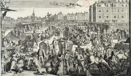 O constrangimento da Pont Neuf em Paris. Ilustração do trânsito e dos engarrafamentos de trânsito nas ruas de Paris no século XVIII. Gravura a partir de 1710. Paris, Musee Carnavalet