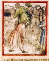 Os invejosos filisteus enchem os poços ocos por Isaac Miniature do códice 212 (ou códice padovano ou Bíblia de Pádua) 1390-1400 Rovigo, Accademia dei Concordi