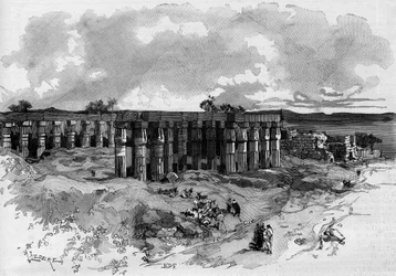As escavações de Luxor no Egito, lideradas por Gaston Maspero (1846-1916) egyptologist francês. A gravura em "O Mundo Ilustrado" 1885
