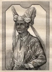 A expedição pelo mundo (1790-1792) do capitão Etienne Marchand (1755-1793): retrato do rei da ilha de Timor (arquipélago indonésio) - ilustração tirada de "Os Grandes Marinheiros do século XVIII".
