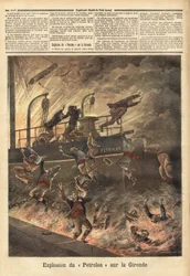 A explosão da "Petrolea", um vapor inglês que transportava petróleo, em Blaye, na Gironda. Gravura no "Le petit journal" 4/06/1892. A colecção da Selva.