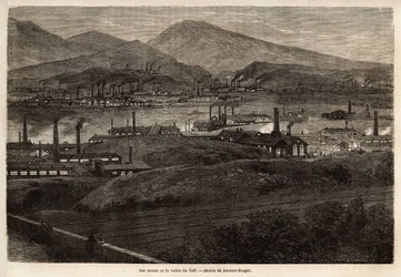 As fábricas do Vale Taff. Desenho de Durand Brager, para ilustrar uma visita às principais fábricas do País de Gales em 1862, por L.Simonin. Gravura em "Le tour du monde", editado por Edouard Charton