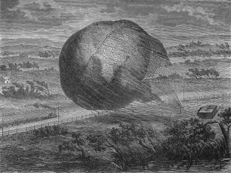A queda da bola "The Giant" nas planícies de Hanôver em 1863 com a bordo: Jules e Louis Godard, Felix Nadar, sua esposa, Fernand Montgolfier e Thirion. In" Album de la Science", Éditions Jouvet