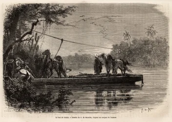 O ferry para atravessar o rio Cauca. Gravura para ilustrar a viagem a Nova Granada, pelo Dr. Saffray, em 1869, publicada em "Le tour du monde" 1873, editada por Edouard Charton, edição Hachette, Paris. Coleção Selva.