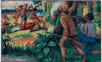 A luta com os selvagens. Ilustração para o livro de Daniel Defoe (De foe) "Robinson Crusoe". Cromolitografia do final do século XIX.