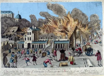 O incêndio da feira Saint Germain, em Paris, na noite de 16 para 17 de Março de 1762, visto da porta do Treille. A gravura do século XVIII