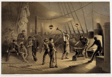 A forja no convés. Noite de 9 de agosto preparando o revestimento ifon para o Capstan - em "The Atlantic Telegraph" de W. H. Russel, ca. 1860