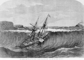 A onda gigante do tsunami de dezembro de 1867 em Saint Thomas, Ilhas Virgens, cai sobre o barco com rodas La Plata. Gravura do século XIX.